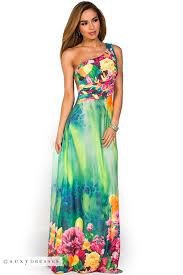 One Shoulder Sky Blue and White Floral Printed Luau Maxi Dress