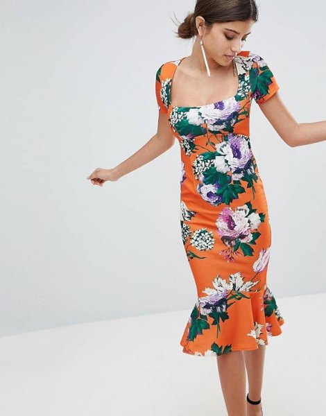 Orange and white floral print midi dress with open toe heels