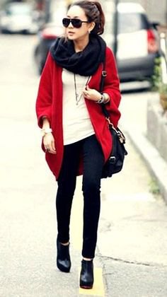 Oversized cardigan with black infinity scarf and cream bodice