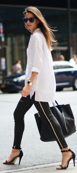 oversized white shirt with black leather zip leggings