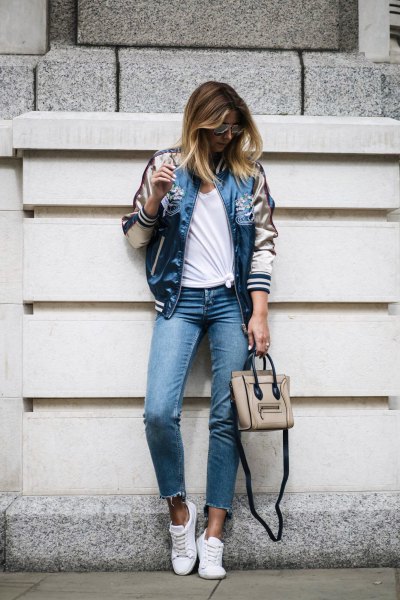 Light pink and blue satin jacket with cropped skinny jeans