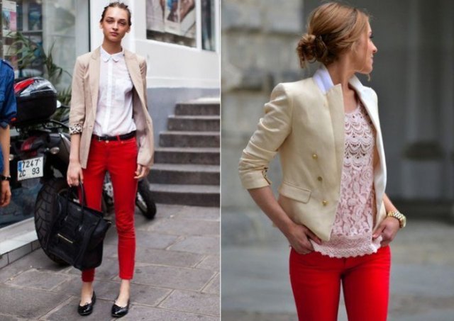 Light pink blazer with white button down shirt and red skinny trousers