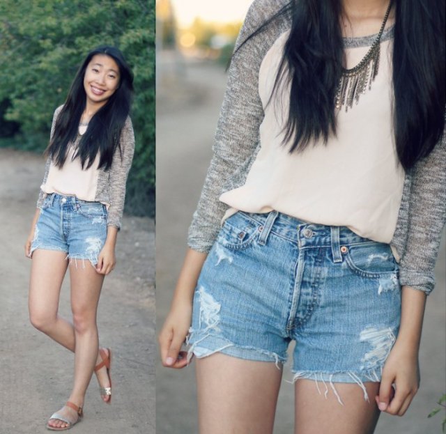 pale pink chiffon top with heather gray cardigan and blue jean mini shorts