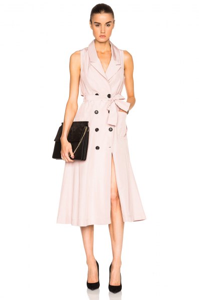 Pale pink flared waistcoat midi dress with gathered waist