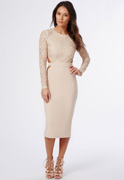 Light pink bodycon midi dress with lace sleeves and open lace lace heels with tie closure