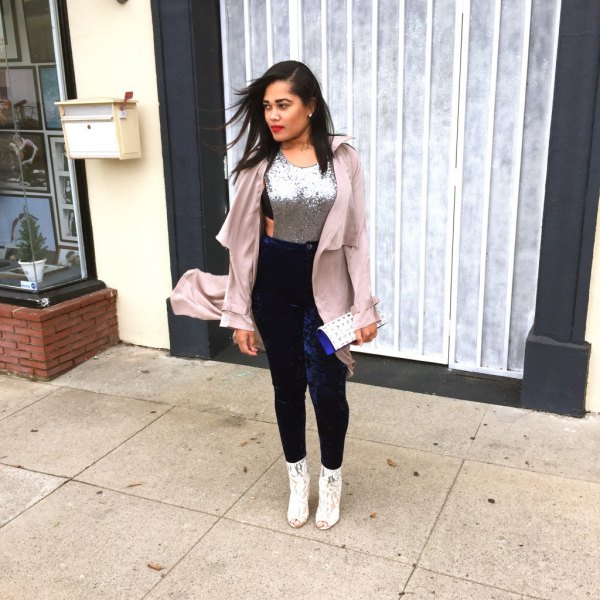 Light pink longline blazer with silver sequin tank top and navy blue leggings