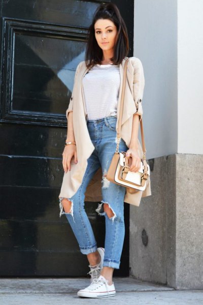 Light pink longline cardigan with blue ripped high waisted boyfriend jeans