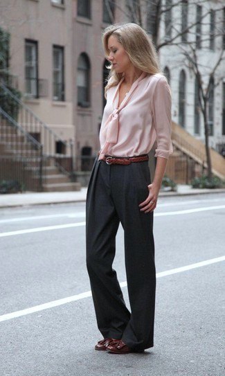 pale pink bow front blouse and black wide leg pants
