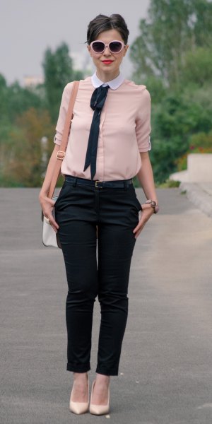 pale pink round blouse with white collar and black cropped chinos