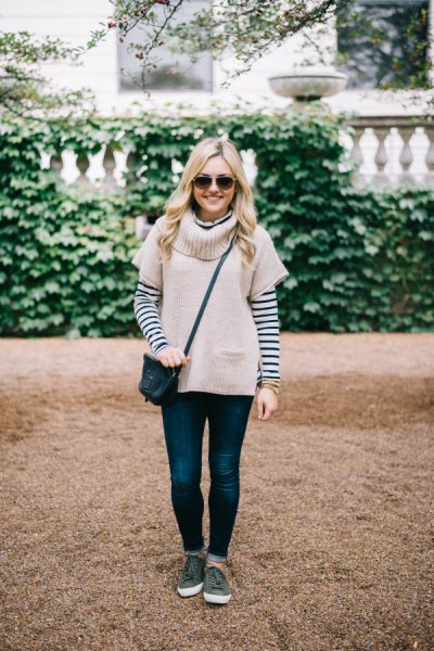 pale pink short sleeve sweater with black and white striped t-shirt
