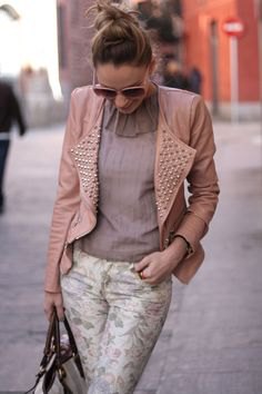 Light pink leather jacket with spikes and chiffon blouse