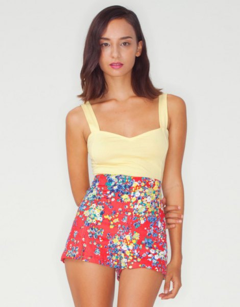 Light yellow tank top with red floral print mini shorts