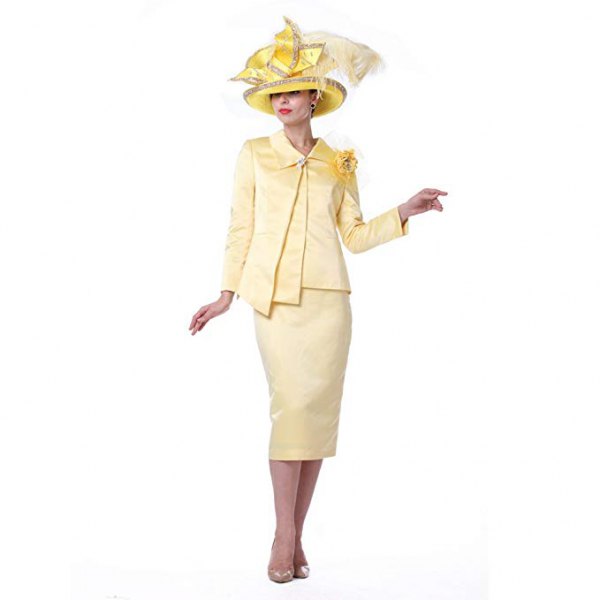 Pale yellow wrap blazer with midi skirt and church hat