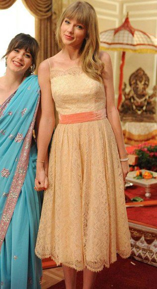 Peach silk and lace flared midi dress with gathered waist