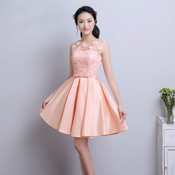 Peach two tone lace and silk knee length flared dress
