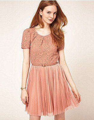 Peach two tone pleated mini skater dress in short sleeve lace and chiffon