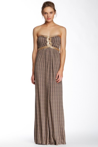Pink and black patterned strapless maxi dress with a gathered waist
