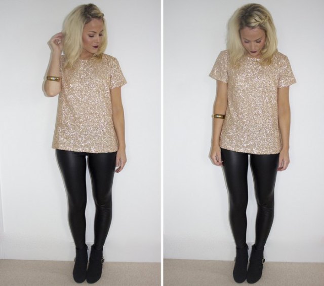 Pink and silver sequin t-shirt with black leather leggings