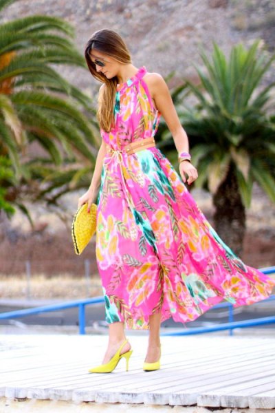 Pink and yellow floral print maxi dress with lemon colored heels