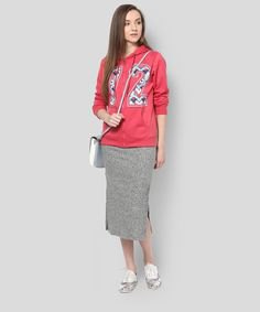 Pink sweatshirt with graphic zip and heather gray midi skirt