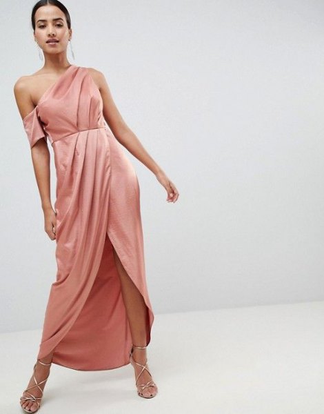 Pink off the shoulder satin dress with gathered waist and high low cut