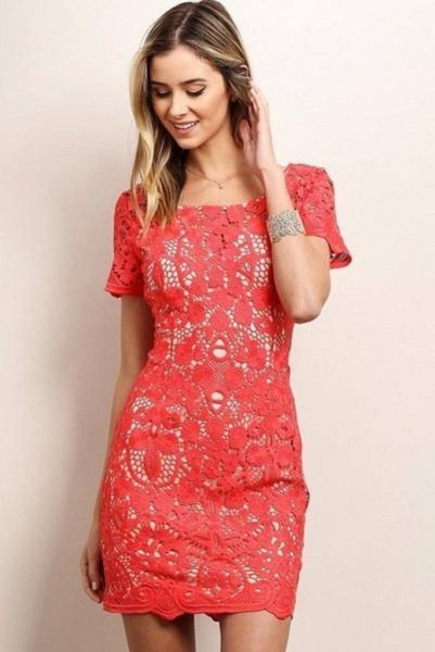 Pink short sleeve lace shift dress