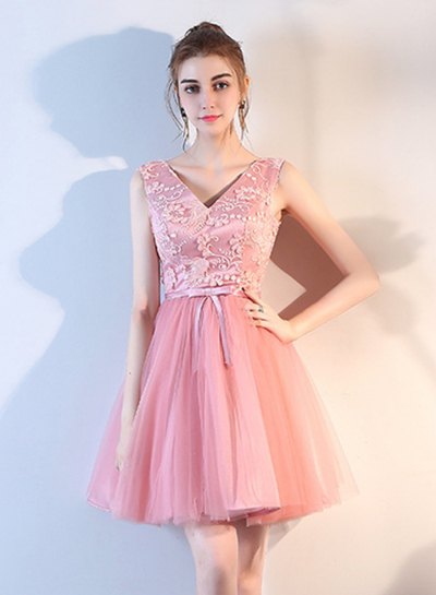 Pink lace and chiffon V-neck two tone mini cocktail dress