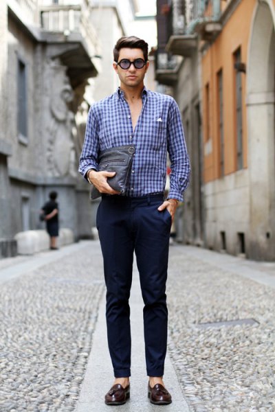 Checked blue shirt with dark blue slim fit chinos and loafers