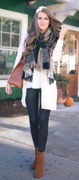 Checked fringed scarf with white blouse and cardigan