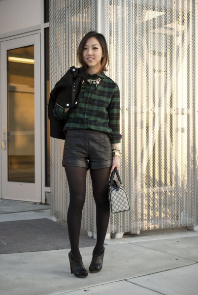 Checked shirt with black mini shorts and leggings