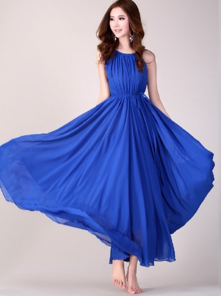 pleated royal blue sleeveless flared maxi dress