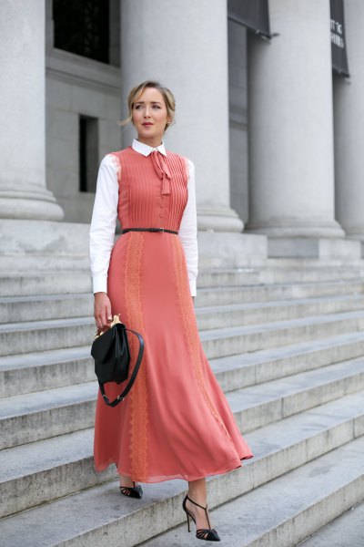 Pleated sleeveless peach lace maxi dress with white shirt collar