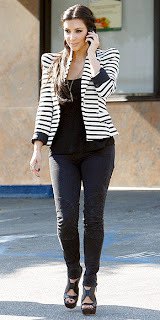Striped blazer with puff sleeves, scoop neck tank top and heeled sandals
