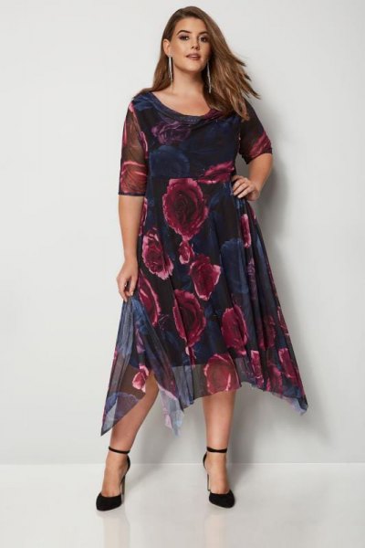 Purple and brown semi sheer printed chiffon midi dress with half sleeves