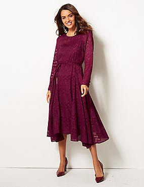 Lilac long sleeve pleated lace dress with black velvet heels