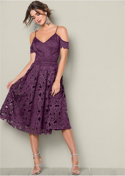 Purple Two Tone Off Shoulder Lace Midi Flared Dress