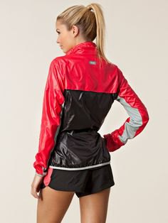 Red and black colorblock nylon jacket with mini running
shorts