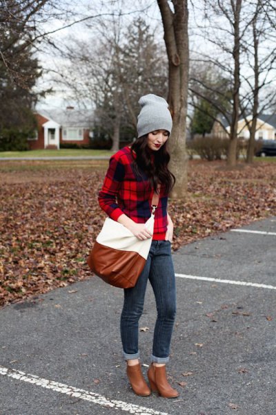 Red and black checked flannel shirt with brown heeled ankle boots