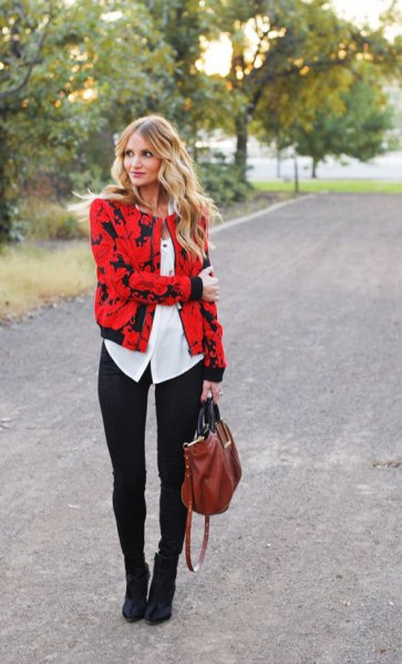 red and black printed jacket with white blouse with buttons