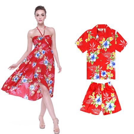 Airy midi luau dress with Hawaiian floral pattern in red and blue