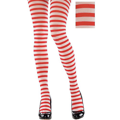 Red and white horizontal striped leggings and black rounded leather heels