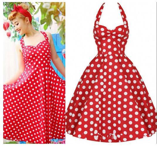 Red and white polka dot flared pin up dress