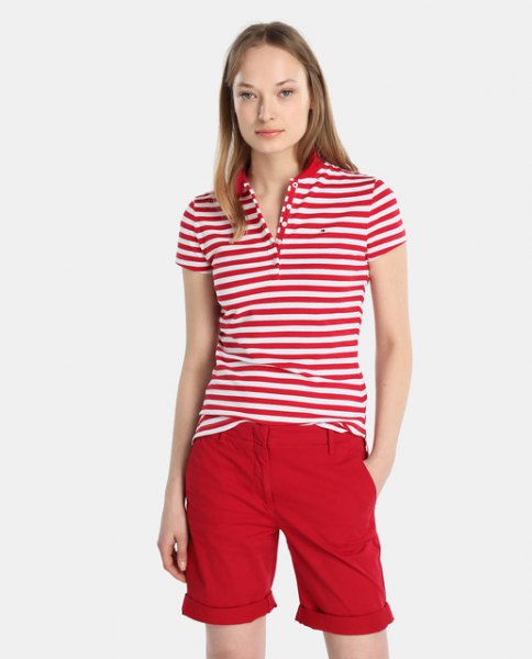 Red and white striped polo shirt with knee length shorts