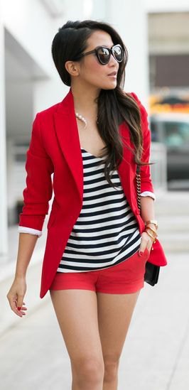 Red blazer with matching shorts and striped scoop neck tank top