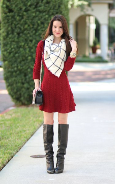Red cable knit mini sweater dress and white and gray wool scarf