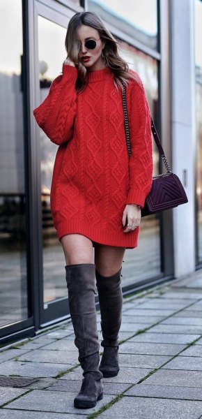 Red cable knit sweater dress and gray thigh high boots