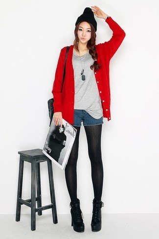 Red cardigan with gray t-shirt and blue mini jean shorts