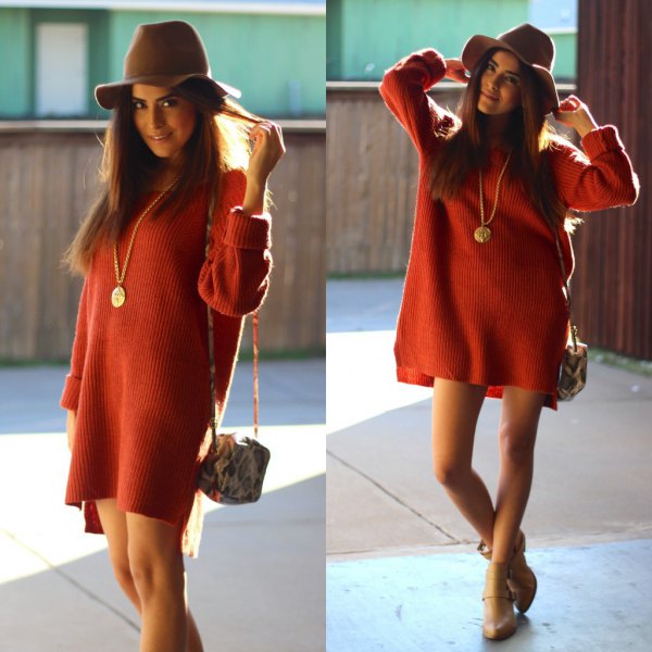 Red, thick sweater dress with a gray slouch cap