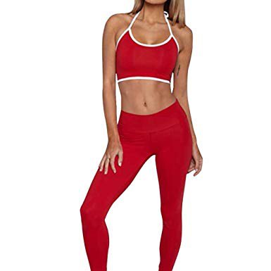 Red cropped halter top with matching workout tights