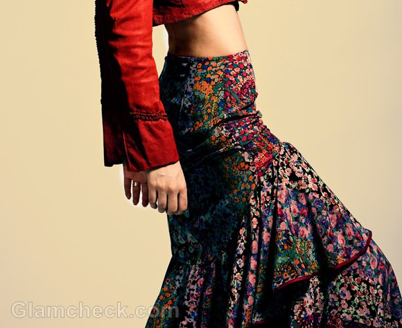 Red cropped long sleeve blouse with black high rise gypsy maxi skirt
